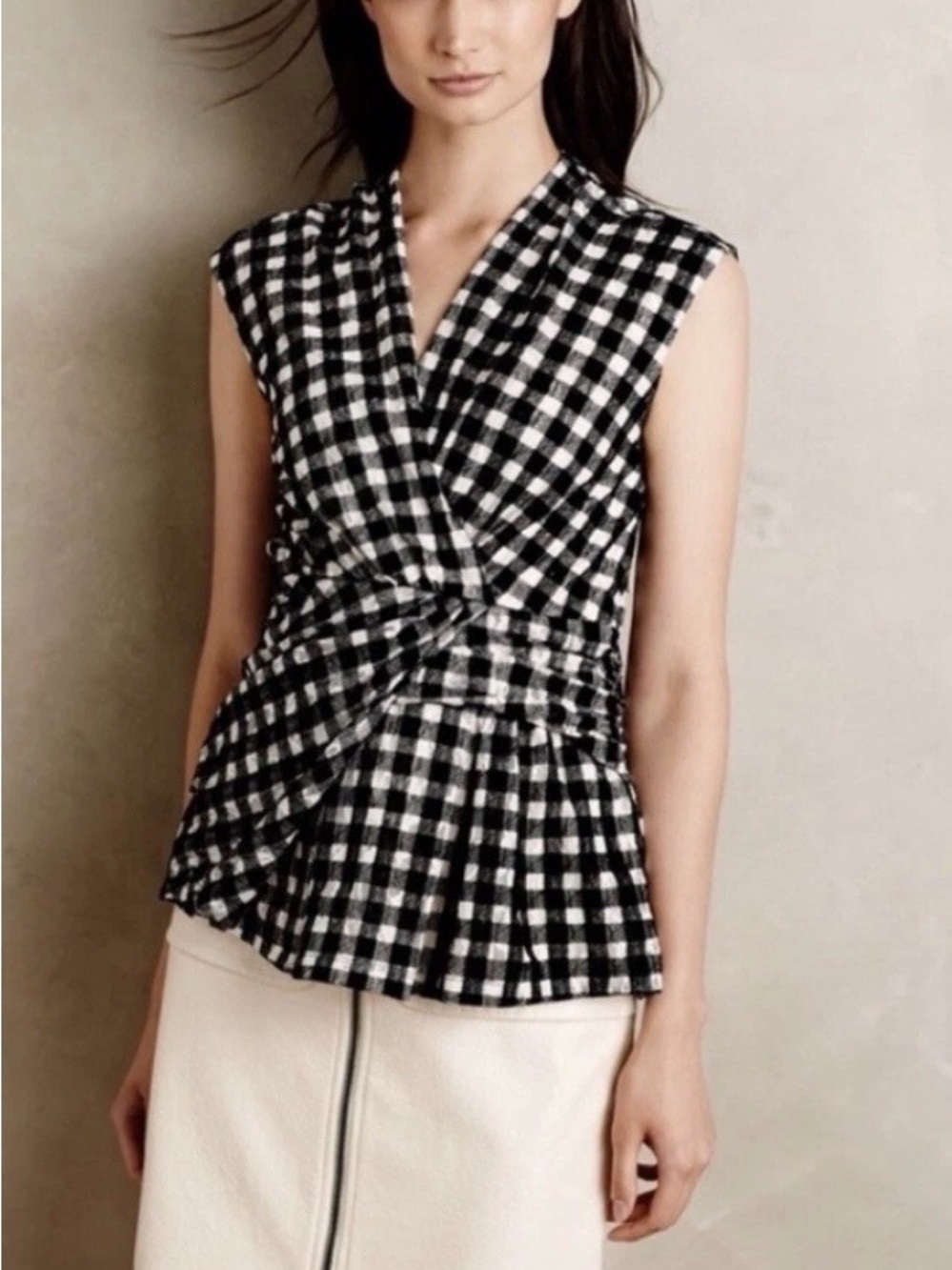 Anthropologie Deletta Delphine gingham v-neck top Black white Small Xsmall
